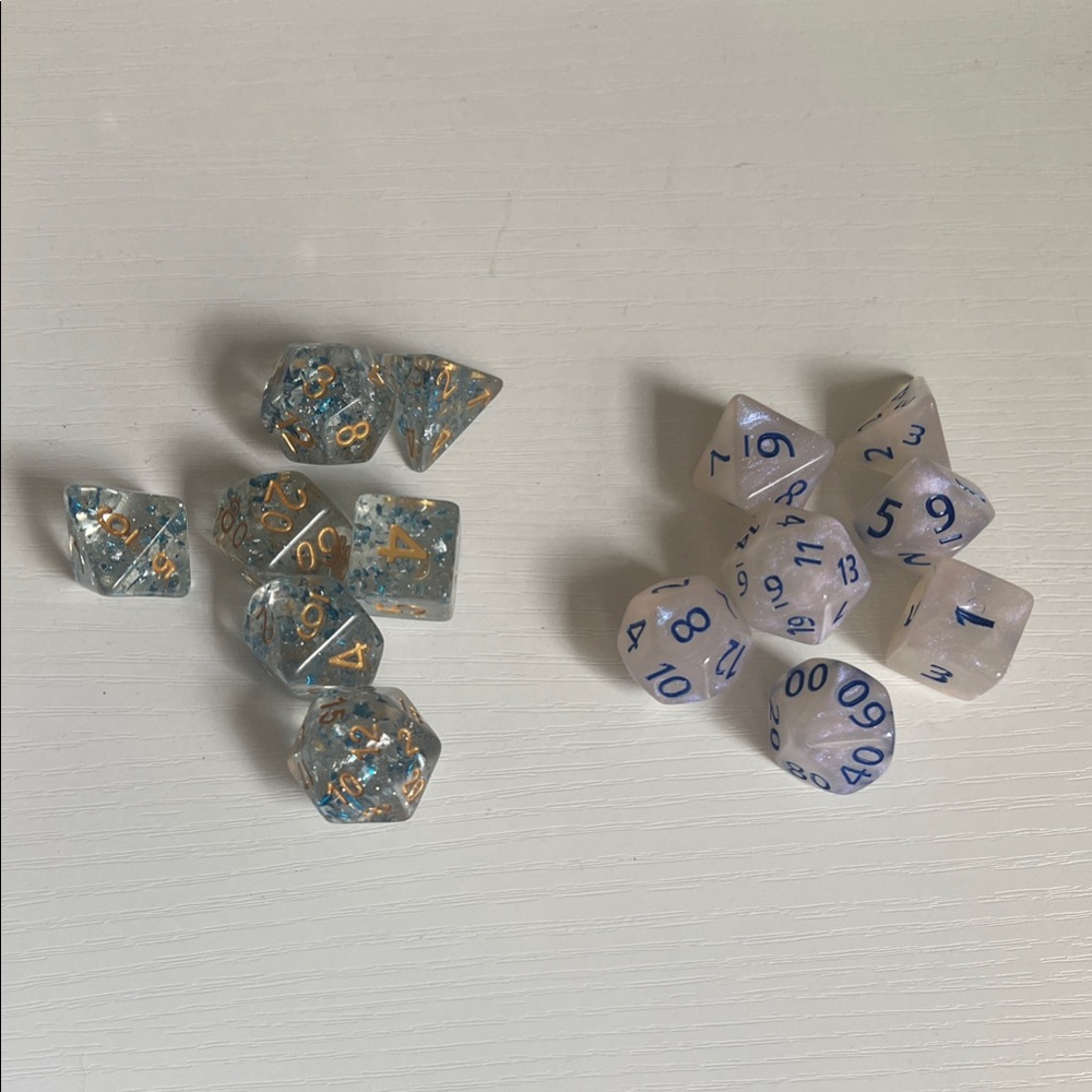 2 Resin RPG Dice Sets - Blue Gold Glitter & Pearl White with Blue Numbers